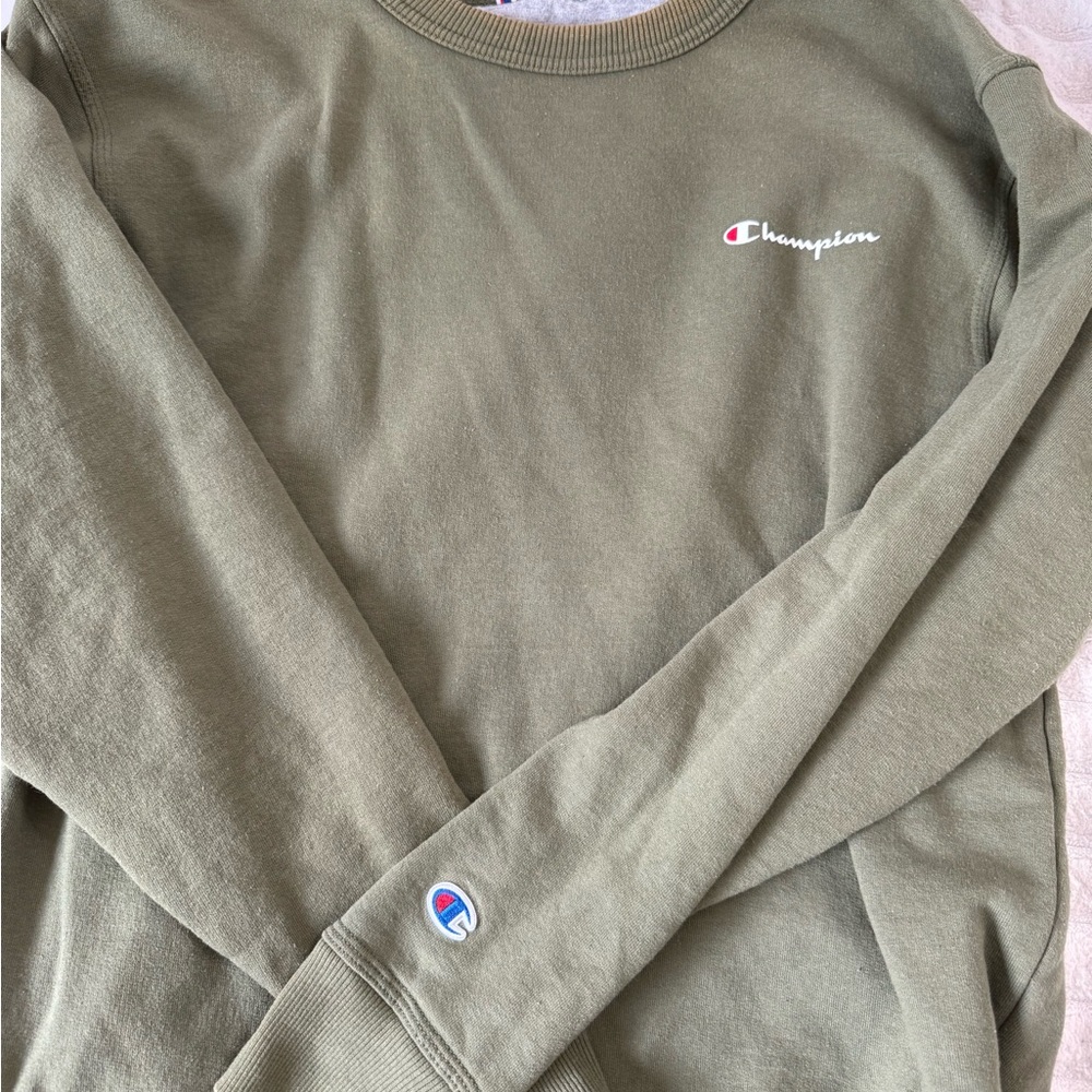 Champion Olive Green Crew Sweatshirt with Script Chest Logo